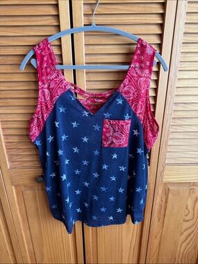 TRUE SELF’s America Navy Star Print Tank with Red Bandana Trim
